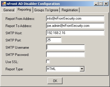 nFront Account Disabler Configuration report settings.