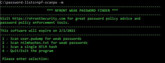 nFront Weak Password Scanner menu